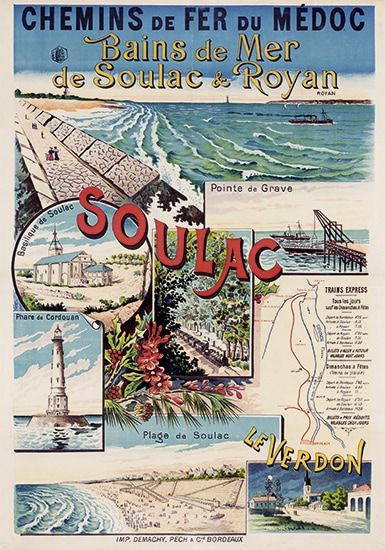 Affiche, Bains de mer de Soulac et Royan, Chemin de fer du Médoc, vers 1900, anonyme. / Musée de Royan, photo Philippe Souchard.