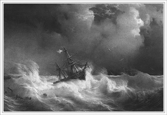 Brick en perdition près de la côte. / Lithographie de Théodore Gudin, peintre officiel de la Marine, 1828. Collection Bernard Mounier.