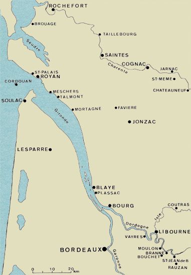 Carte provenance des matériaux. / Extrait de Louis de Foix, Horloger, ingénieur, architecte de quatre rois, Claude Grenet-Delisle, Fédération Historique du Sud-Ouest, Bordeaux, 1998.