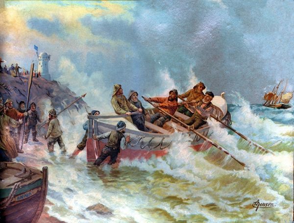 Chromo de 1900 montrant le départ d'un canot de sauvetage. Les pilotes partaient loin en mer chercher les navires. Les premiers arrivés emportaient le marché. / Collection Bernard Mounier