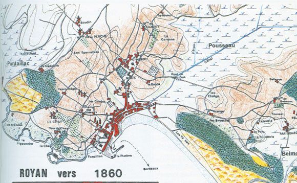 Carte extraite de Royan, par Yves Delmas. Elle représente le bourg vers 1860 avec notamment les emplacements des moulins. / Visuel : D.R.