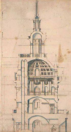 Dessin attribué à Louis de Foix, coupe du second projet pour Cordouan 1594. / Musée National de Stockholm