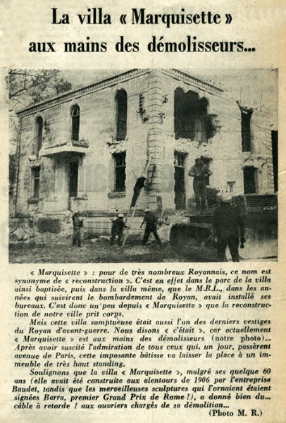 Article de presse non daté relatant la démolition de la villa Marquisette / Sud Ouest