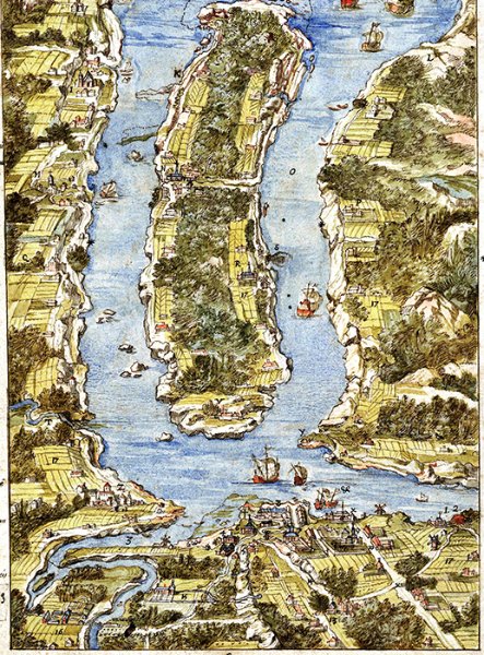 Le Saint-Laurent et la ville de Québec ; Gravure de la fin du XVIIe siècle. / Collection Sabine Yi