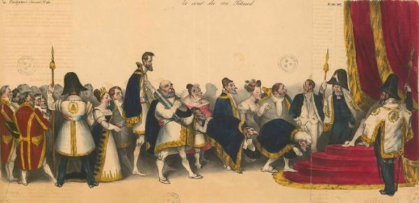 Lithographie intitulée Une réception à la cour du roi Pétaud. Caricature d'Honoré Daumier, dans La Caricature, 25 août 1832. / Visuel : D.R.