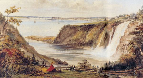 Québec vu des Chutes Montmorency. Aquarelle de F. Washington Friena XIXe siècle. / Source : Edimedia