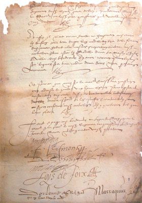 Signatures du contrat de reconstruction de la Tour de Cordouan du 2 mars 1584. / Archives Départementales de la Gironde, Bordeaux