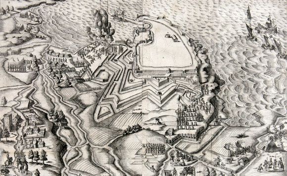 Plan véritable envoyé à sa Majesté par le Sieur de Bonnevau, 1622. Ville, château et siège de Royan. / Dessinateur : Bonnevau, Coll. Bernard Mounier.